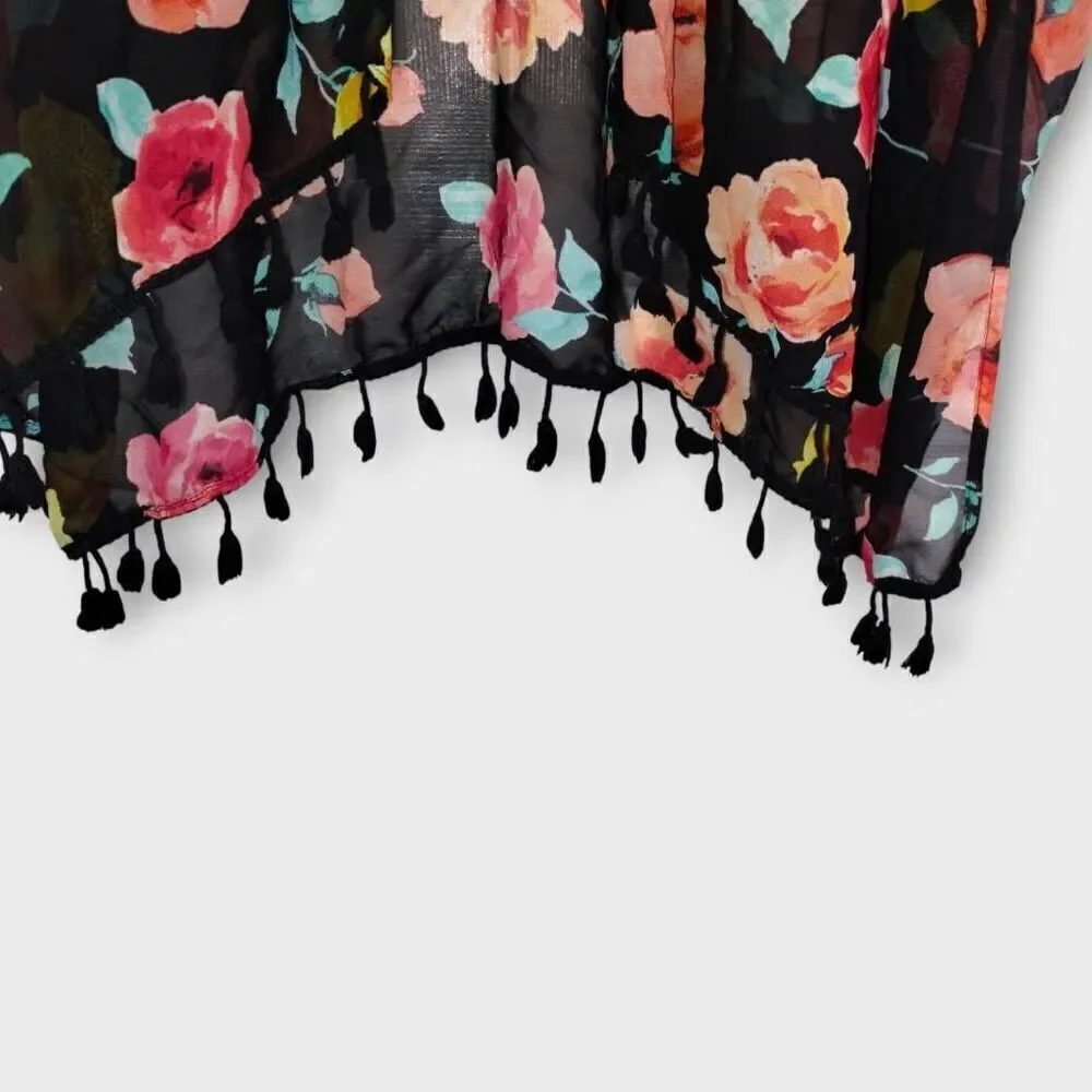 Womens Coverup Semi Sheer Black Red Pink Floral Knee Length Open Pom Poms Beachy